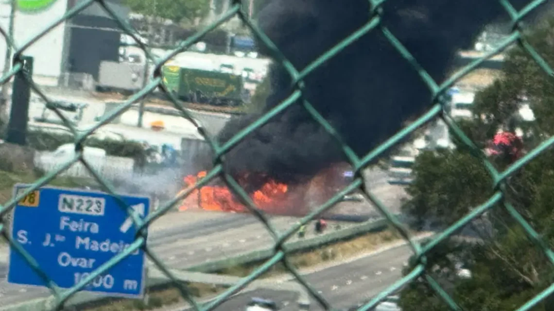Incêndio em camião corta trânsito na A1 em Santa Maria da Feira